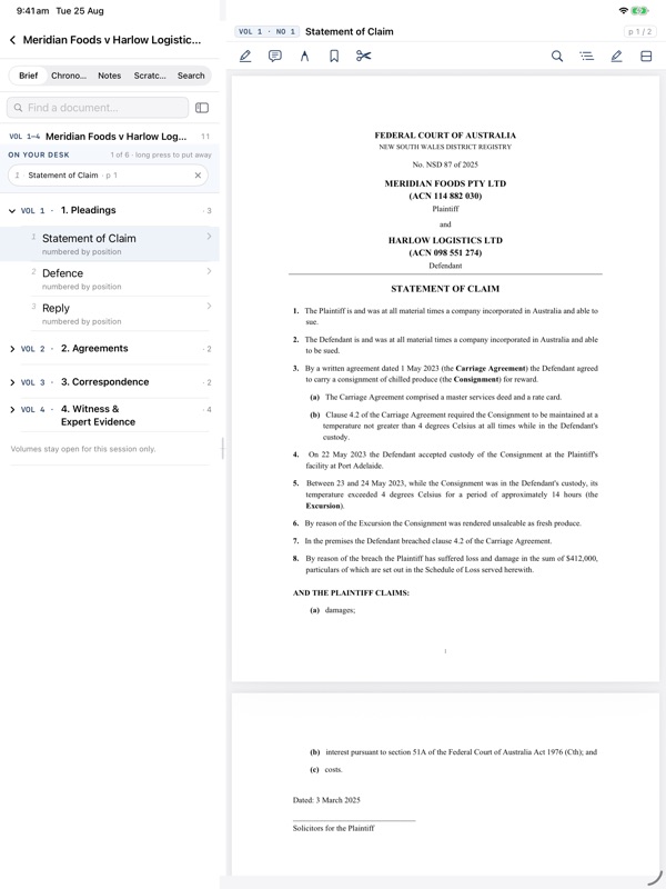 Lexware Companion showing a volume of the synthetic Meridian Foods brief beside a pleading on iPad.