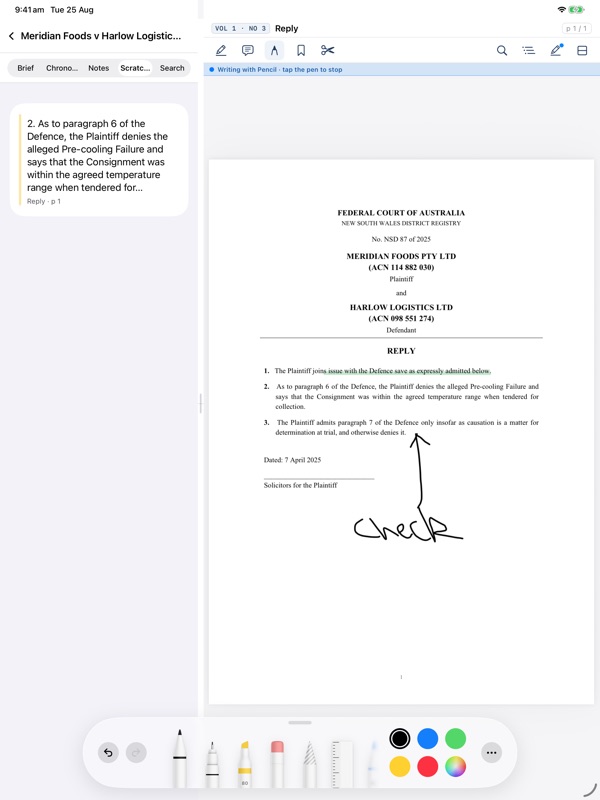 Lexware Companion showing a Scratchpad passage and Apple Pencil ink on a document in the synthetic Meridian Foods matter.