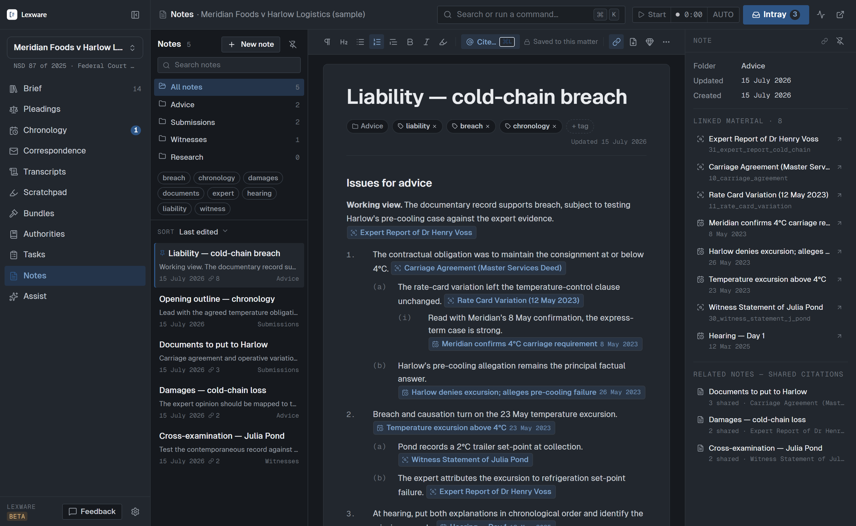 Lexware's Notes view on the synthetic matter Meridian Foods v Harlow Logistics — a legally numbered case outline with live evidence citations and a source panel.