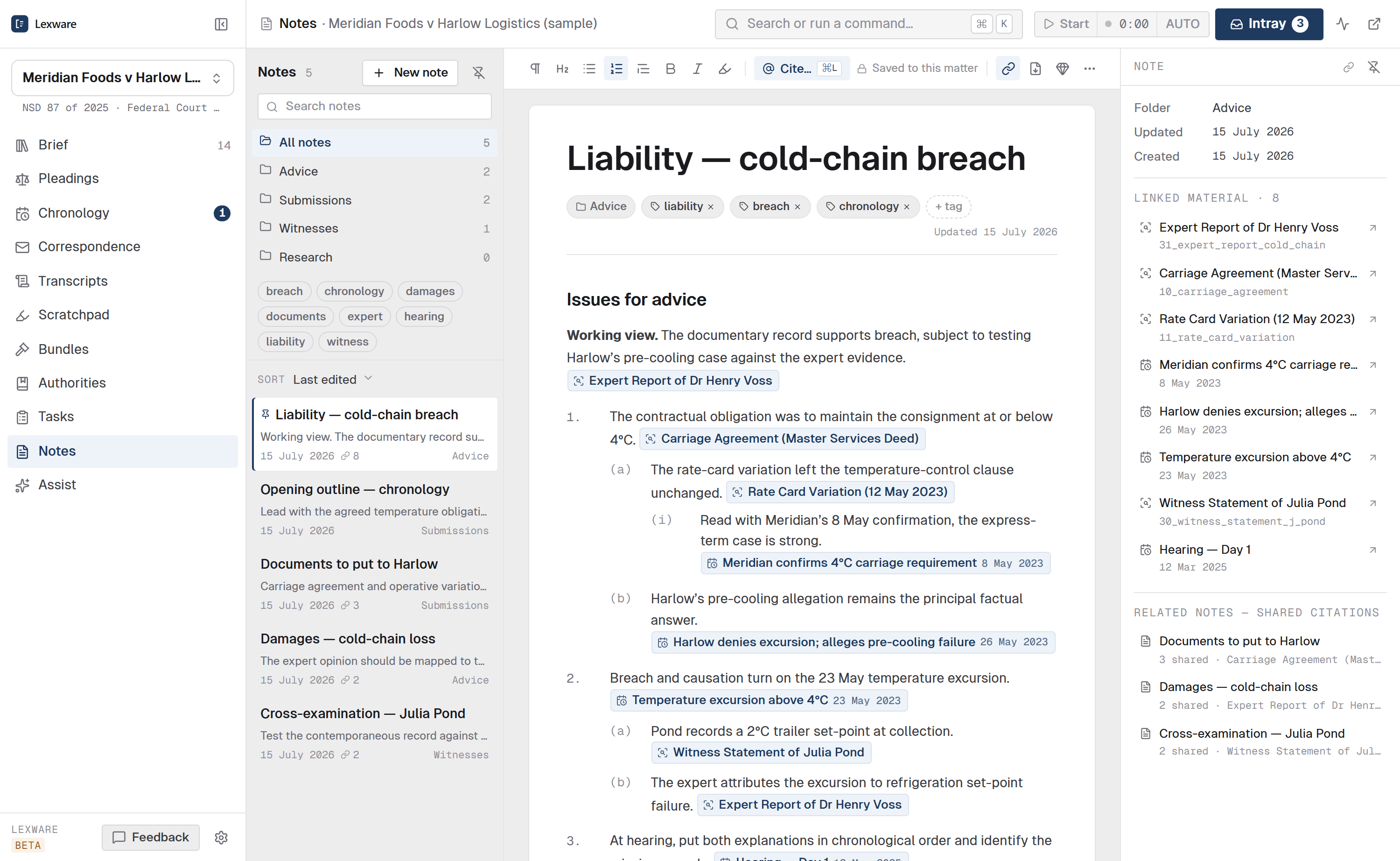 Lexware's Notes view on the synthetic matter Meridian Foods v Harlow Logistics — a legally numbered case outline with live evidence citations and a source panel.