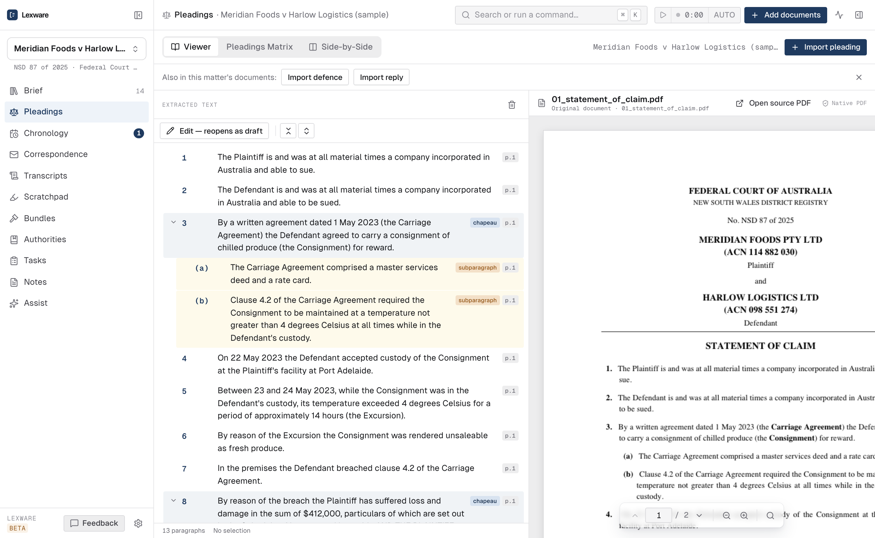 Close crop of Lexware's parsed pleading — numbered allegations with paragraph tags