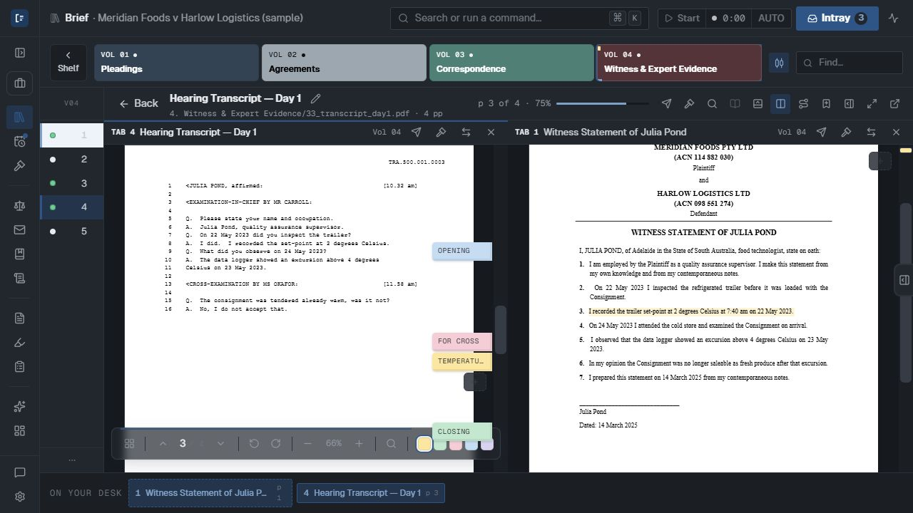Lexware in dark mode showing the Meridian sample transcript and Julia Pond's witness statement side by side, with sticky Quick Tabs, highlighted evidence, uniform volume sizes and open documents on the desk.